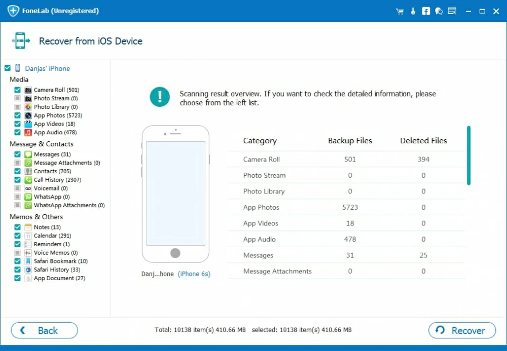 Scan Lost/Deleted Data from iPhone