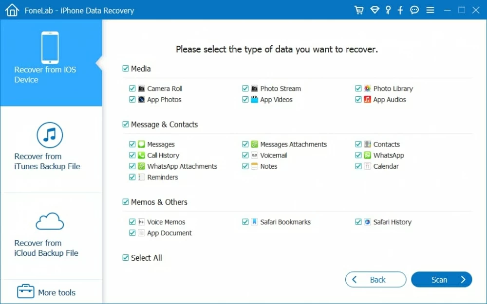 Select the Data Types to Scan